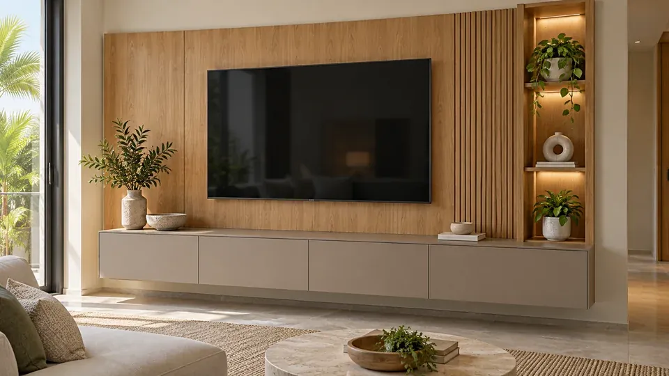 Propuesta de mueble de televisión con panel en madera y almacenamiento a medida