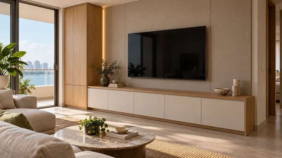 Propuesta de mueble de televisión con panel taupe, columna en madera y muebles bajos claros