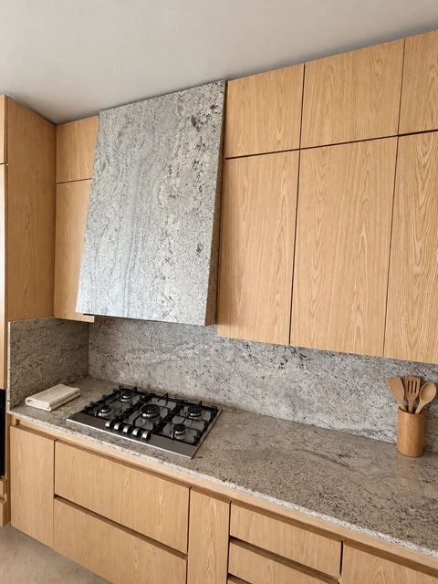 Detalle de la campana y la placa de cocción de la misma cocina, con retoque de luz y ambientación decorativa